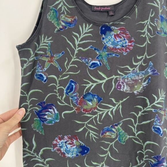 Fresh Produce Fish Print‎ Midi DRESS Small Gray Blue Coastal Tropical Resort - Picture 5 of 14